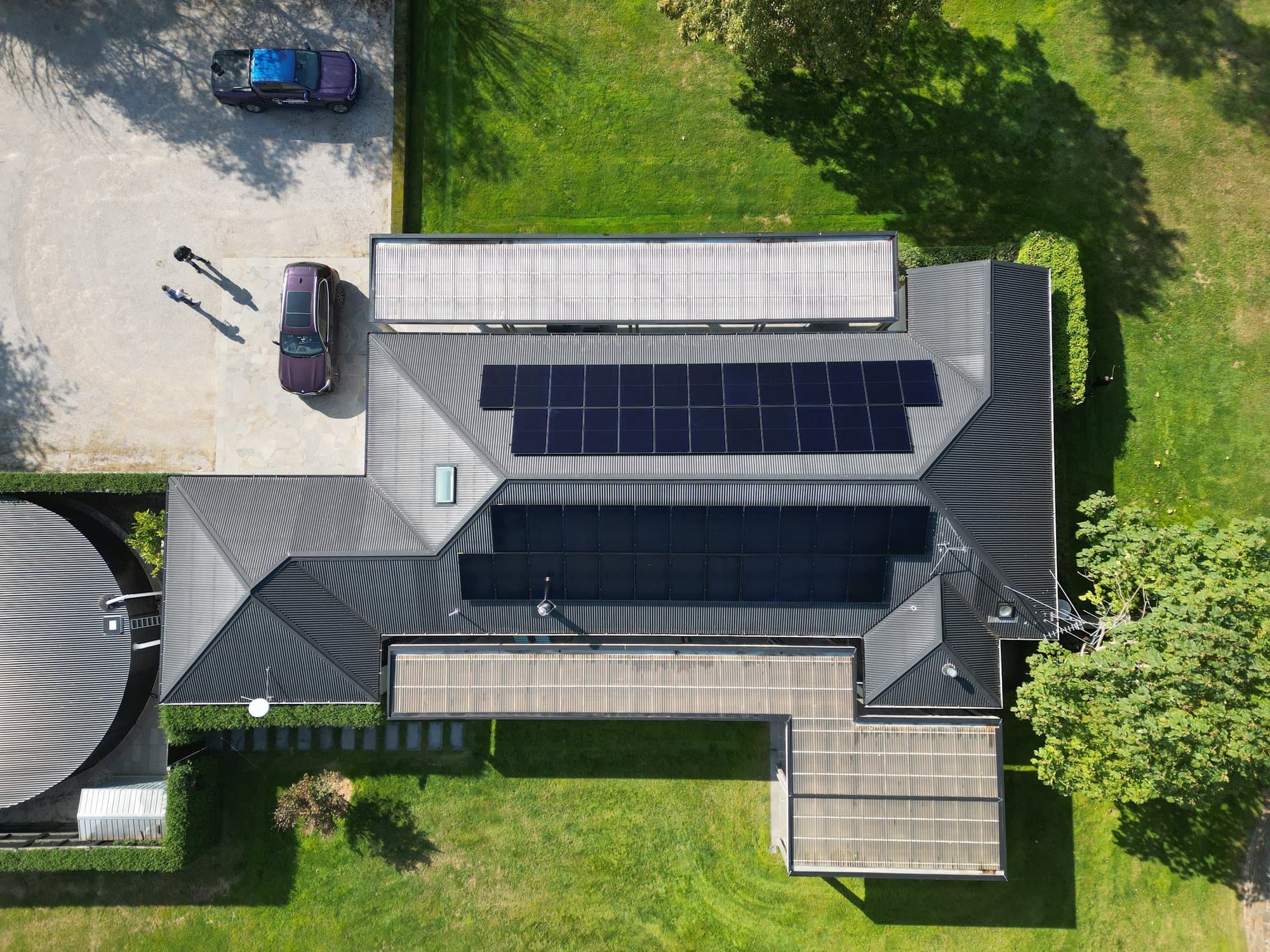 Aerial view of a rooftop solar array on a Central Victorian home